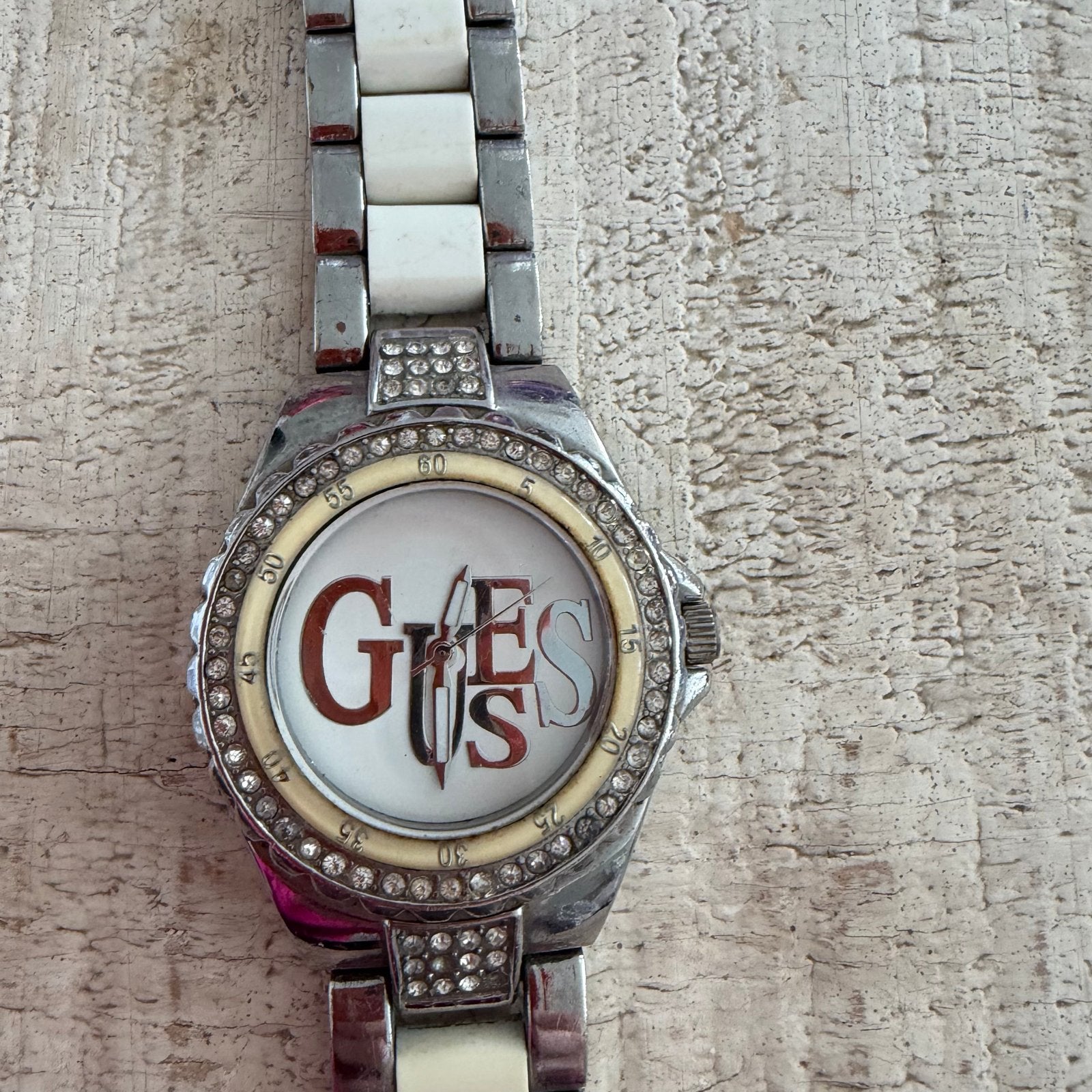 Guess dameshorloge met strass en stalen band, Gebruikt, Staal, Guess, Polshorloge