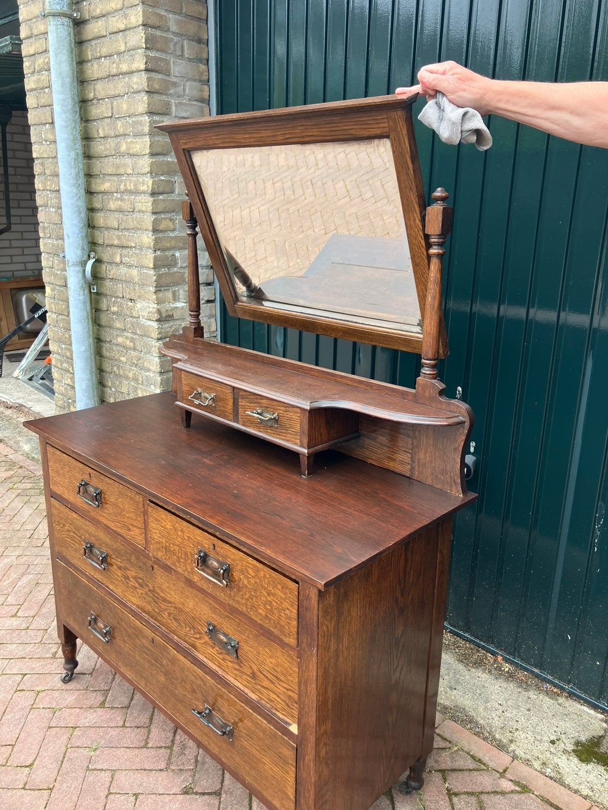 Brocante eikenhouten ladekast met spiegel, Ophalen