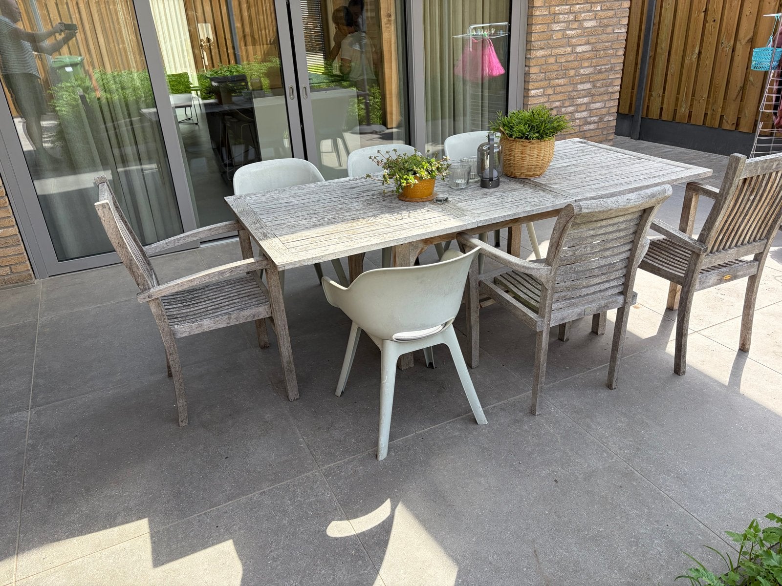 Houten tuinset met 7 stoelen, Gebruikt, Eettafel, Ophalen of Verzenden, 8 zitplaatsen