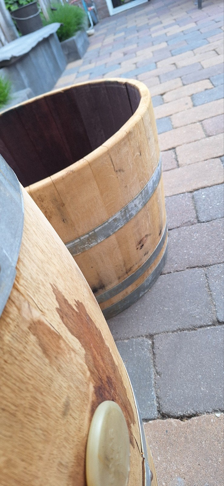 Mooie eikenhouten bloembakken h 47cm doorsnee bovenkant 68cm, Tuin en Terras, Bloembakken en Plantenbakken, Ophalen, Rond, Hout
