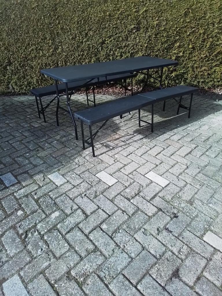 Inklapbare picknicktafel met 2 bankjes, Tuin en Terras, Picknicktafels, Overige materialen, Ophalen of Verzenden, Zo goed als nieuw