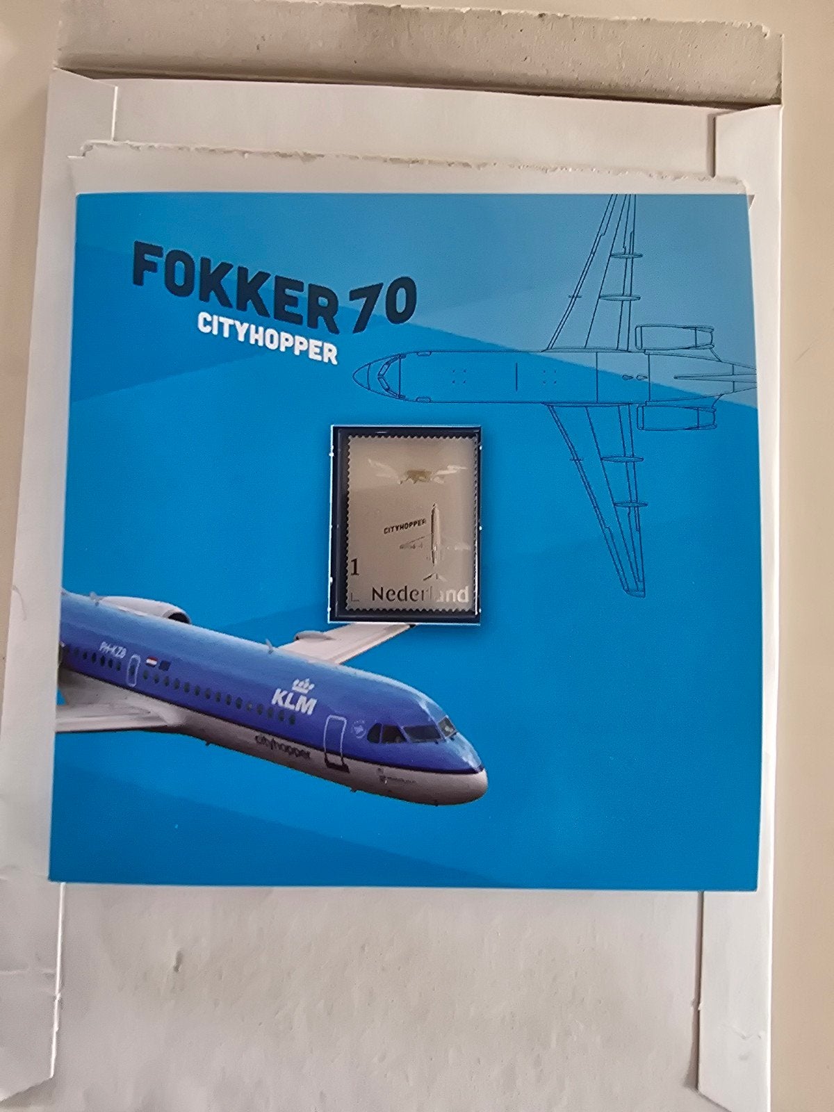 Zilveren KLM postzegel Cityhopper Fokker 70 nieuw, Ophalen of Verzenden