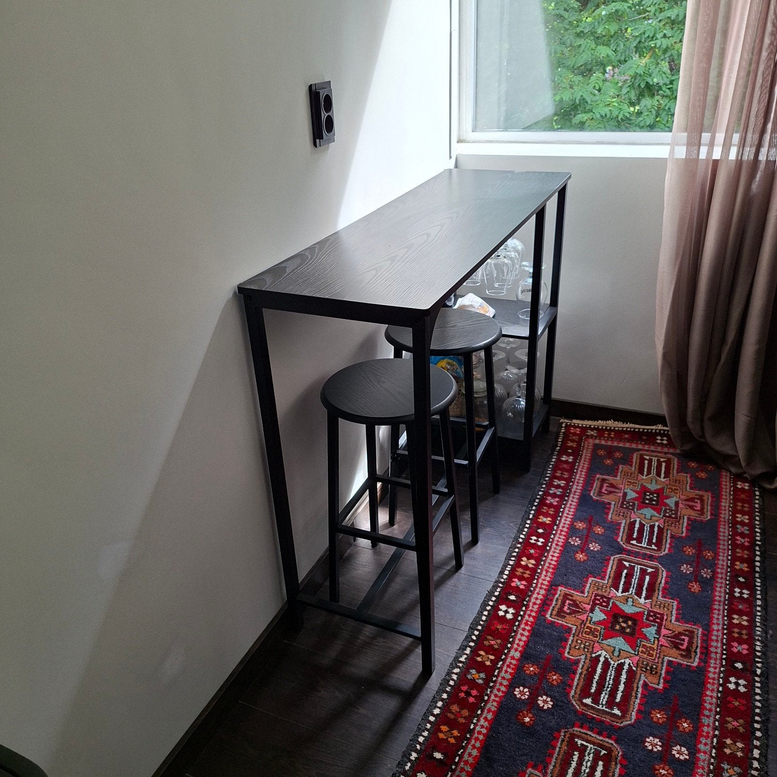 Bartafel keukeneiland mangohout zwart staal, Ophalen, Met voetsteun, 60 tot 90 cm, Zo goed als nieuw