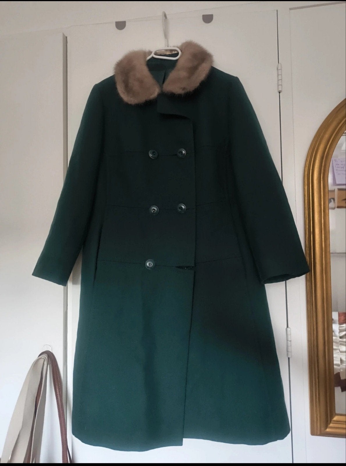 Vintage Pin-up Jas Jaren '50 - Donkergroen met Bontkraag, Kleding | Dames, Ophalen of Verzenden, Gedragen, Maat 38/40 (M), Groen
