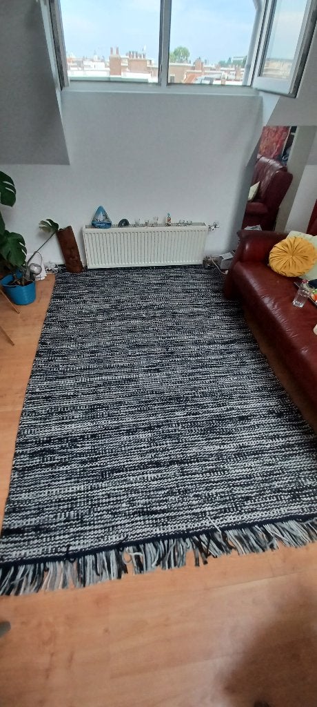 Groot geweven vloerkleed met franjes blauw/wit 180x240, Ophalen, 150 tot 200 cm, Crème, 200 cm of meer