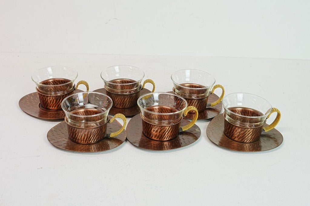 Set van 6 vintage koperen en glazen theekopjes met schotel., Ophalen of Verzenden
