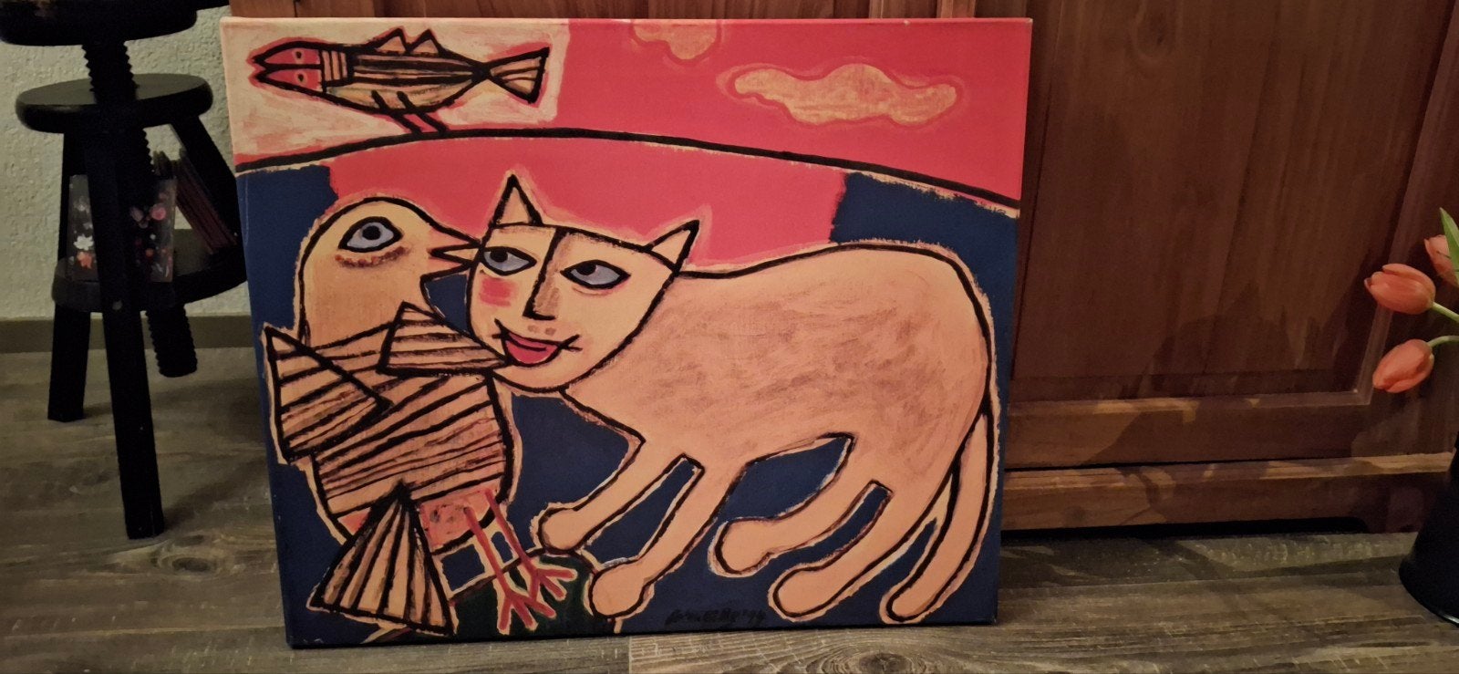 Schilderij Corneille met stempel - Kat en vogel, Antiek en Kunst, Ophalen