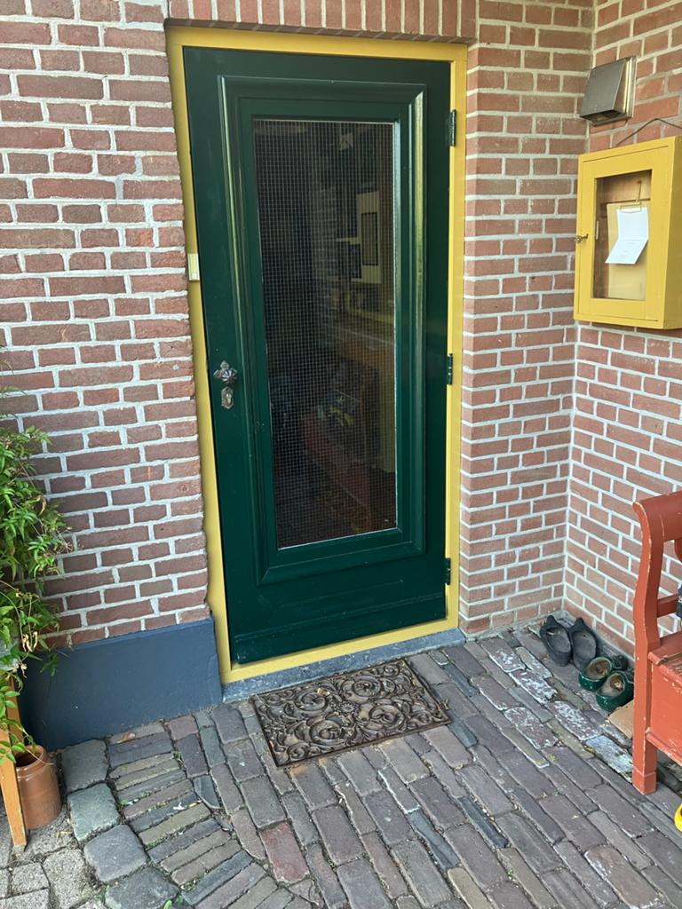 Voordeur van hardhout met draadglas en compleet beslag, Ophalen, Gebruikt, 80 tot 100 cm, Buitendeur