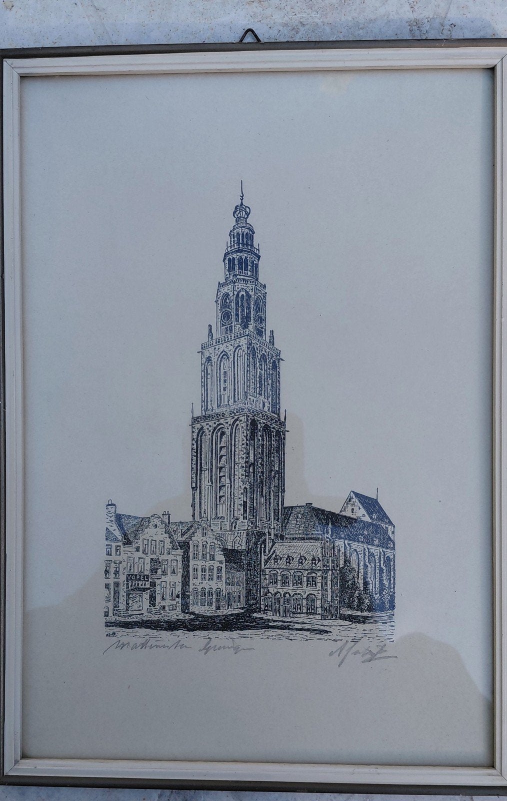 Martinitoren Groningen - Tekening door A.J. Dijkstra, Ophalen of Verzenden, Tekening, Pentekening, Gesigneerd