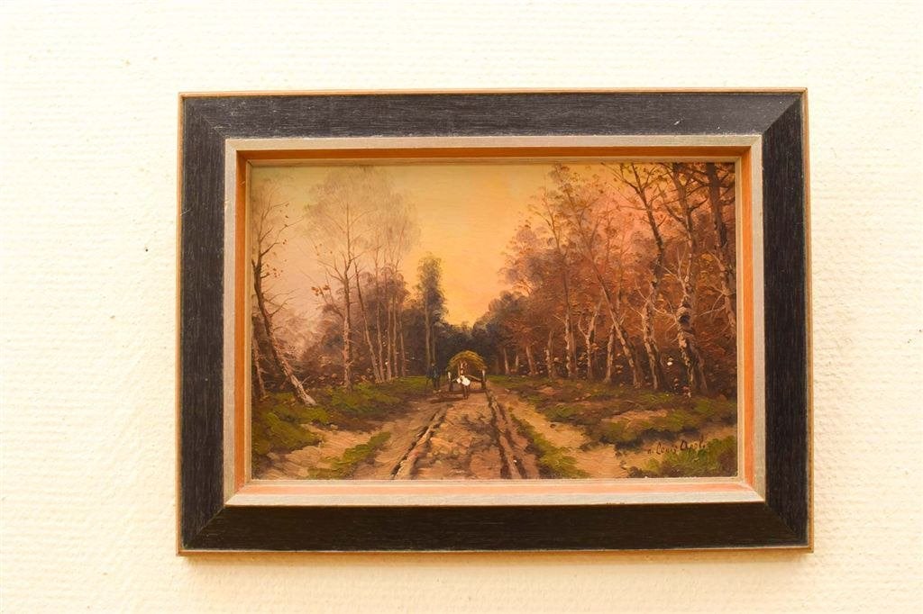 schilderij van een boer met zijn paard en wagen in het bos 4