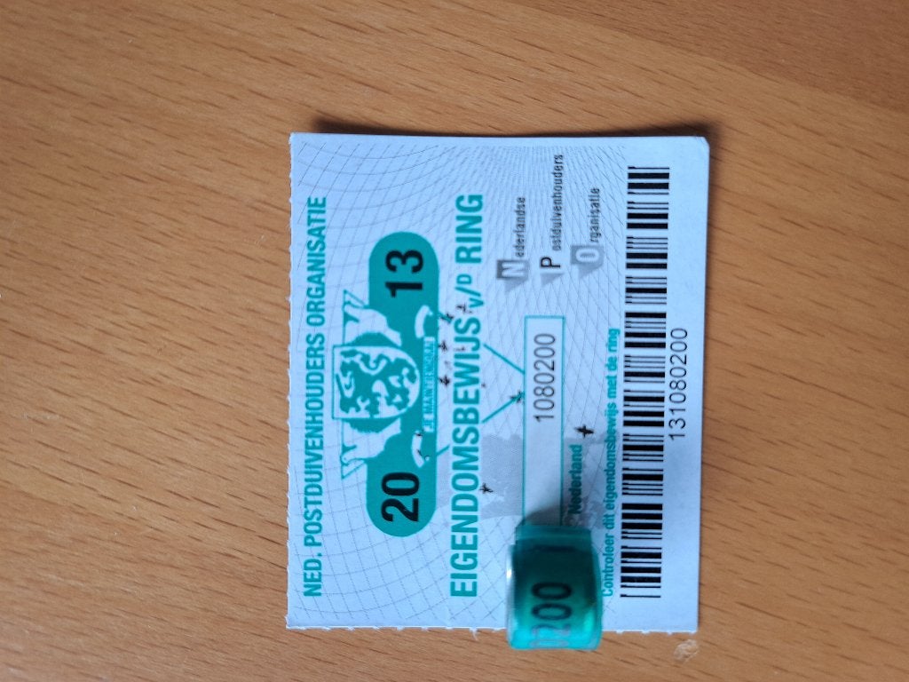 Duivenring 2013 met eigendomsbewijs postduiven, Ophalen of Verzenden, Vogel, Overige typen