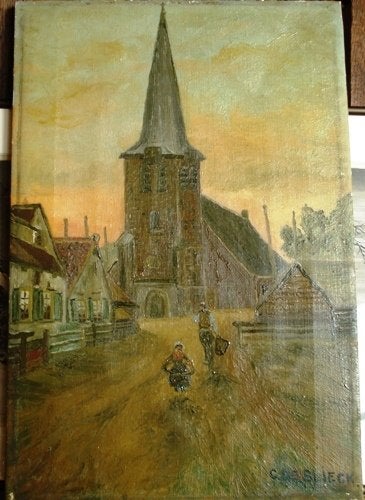 Olieverf  Dorpplein met kerk mensen ., Antiek en Kunst, Doek, Impressionistisch, Ophalen of Verzenden, Olieverf