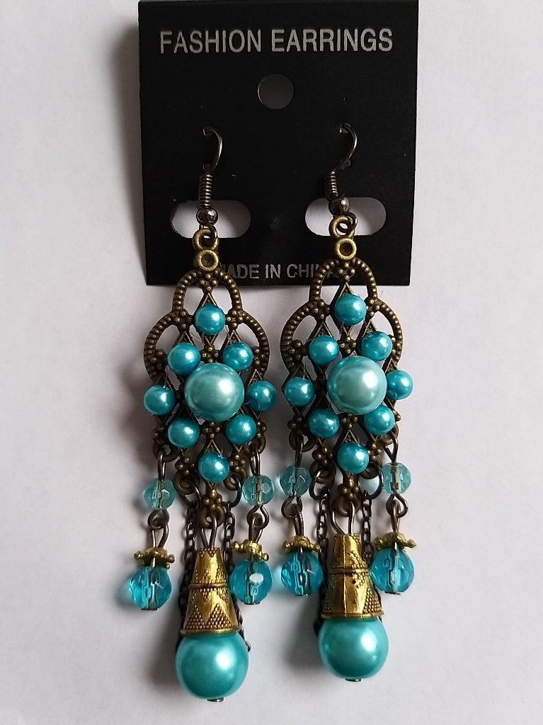 Bronskleurige licht turquoise kraaltjes hang oorbellen, Sieraden, Tassen en Uiterlijk, Oorbellen, Overige materialen, Hangers