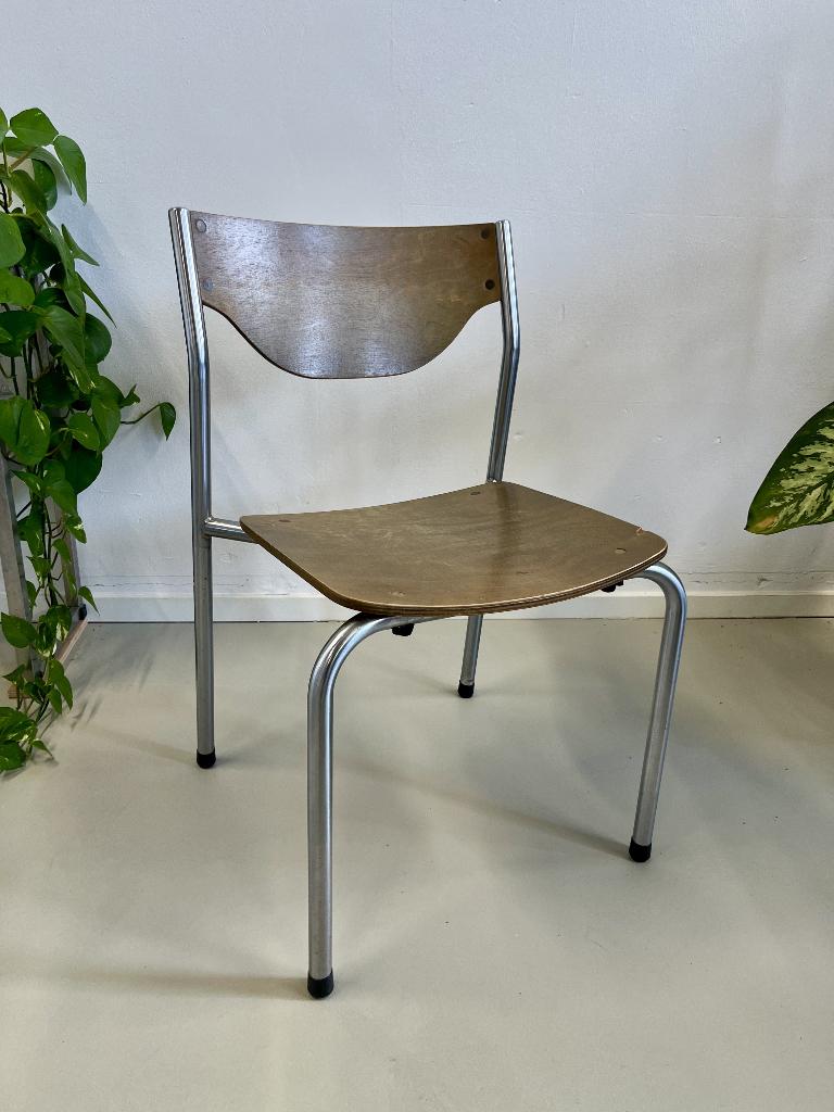 Vintage midcentury modern design stoelen - rvs en hout, Huis en Inrichting, Stoelen, Ophalen, Gebruikt, Bruin, Vintage