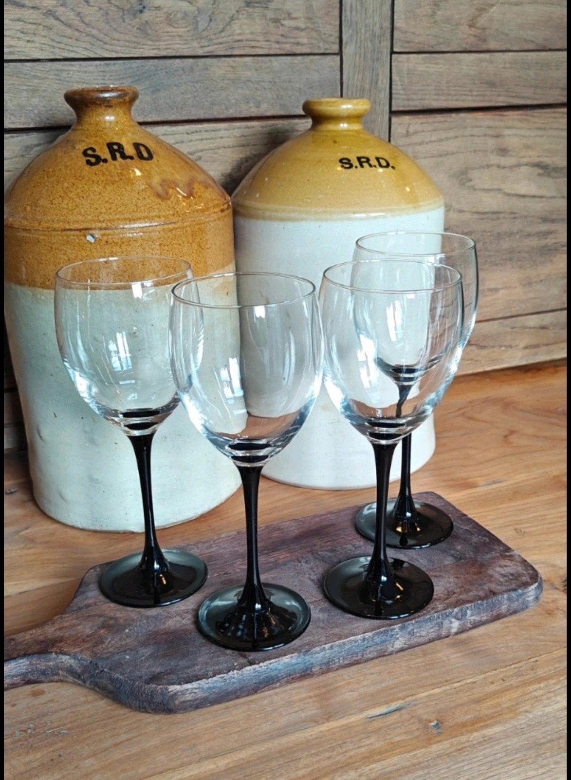 4 Vintage wijn glazen zwarte voet Luminarc, Ophalen of Verzenden, Overige typen