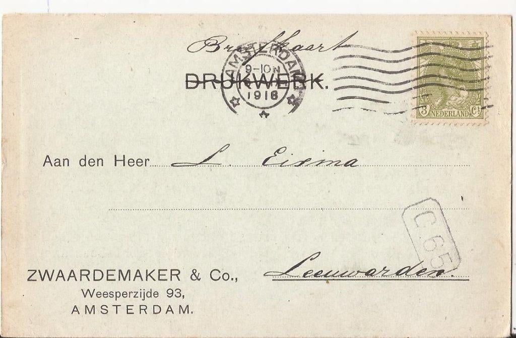 AMSTERDAM 1918 ZWAARDEMAKER & Co Weesperzijde 93, Ophalen of Verzenden, Voor 1920, Gelopen, Noord-Holland