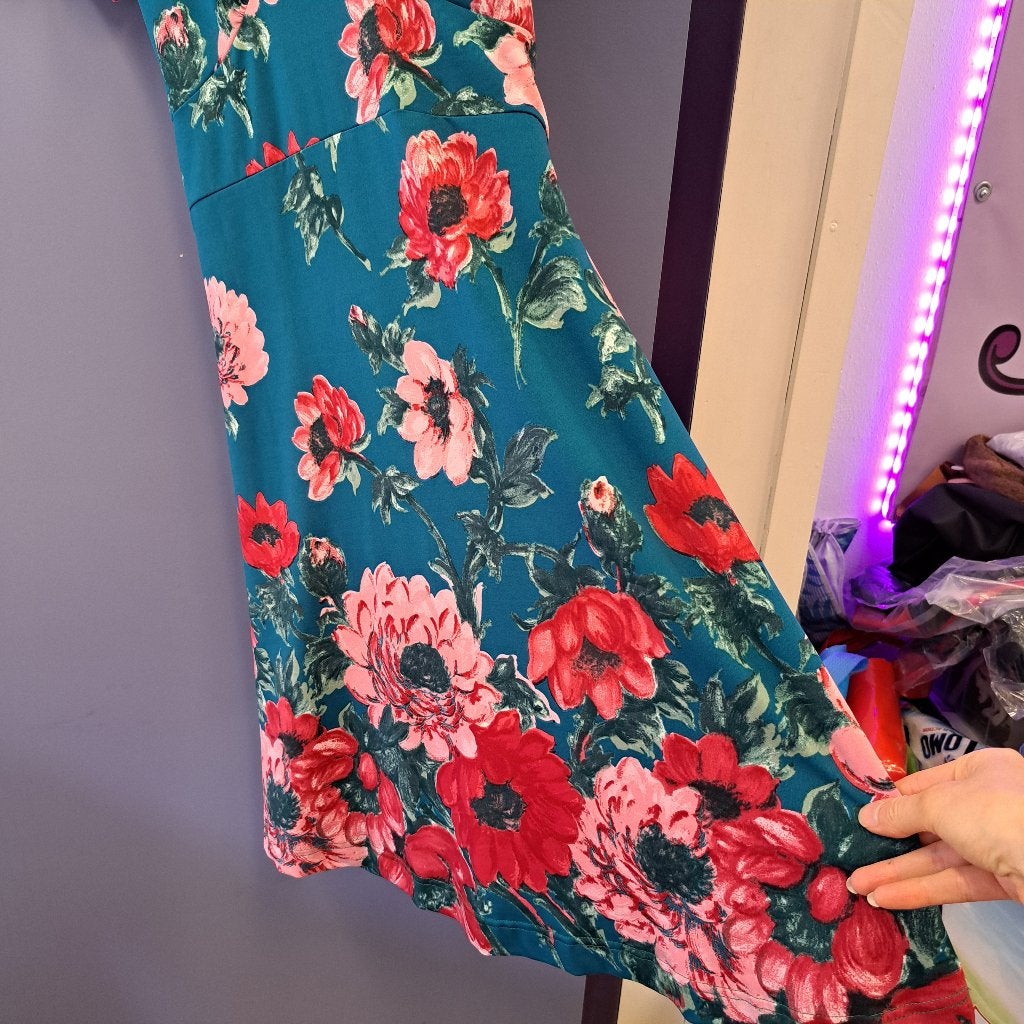 King Louie zee blauwe jurk met fuchsia bloemen maat S 49397, Blauw, ., Ophalen of Verzenden, Zo goed als nieuw