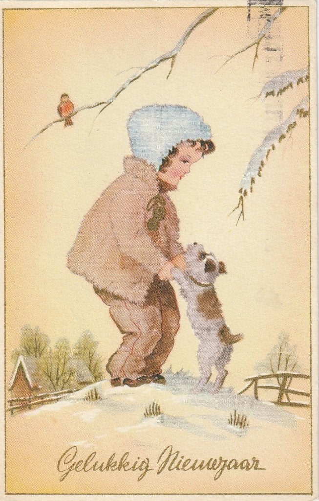 KERST MEISJE HOND UIT JAREN 50 ZEER MOOIE OUDE KAART KN835, Ophalen of Verzenden, 1940 tot 1960, Gelopen, Overige thema's