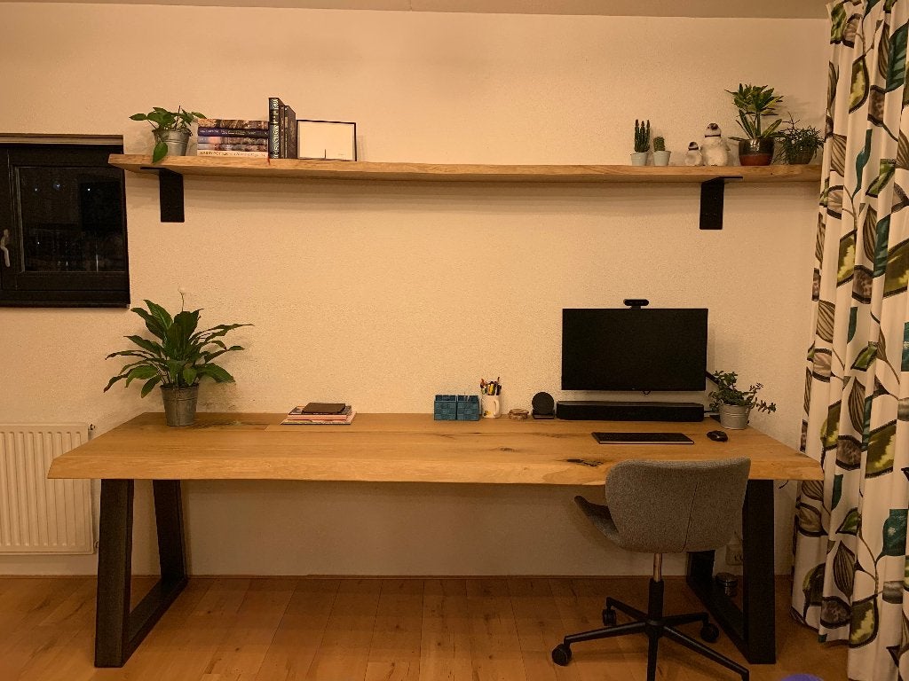 Massief eiken bureau met stalen onderstel, Ophalen, Demontabel, Gebruikt, Hout