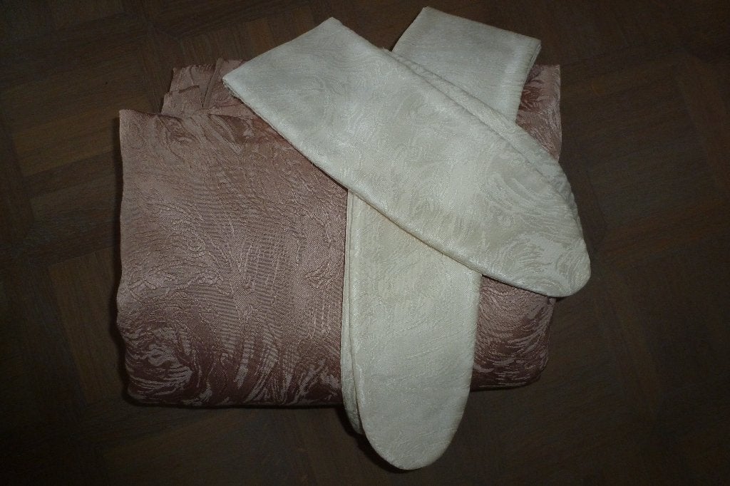 1 taupe/rose overgordijn met creme ophaalbanden en haken(1), Huis en Inrichting, Ophalen of Verzenden, Zo goed als nieuw, Overgordijn