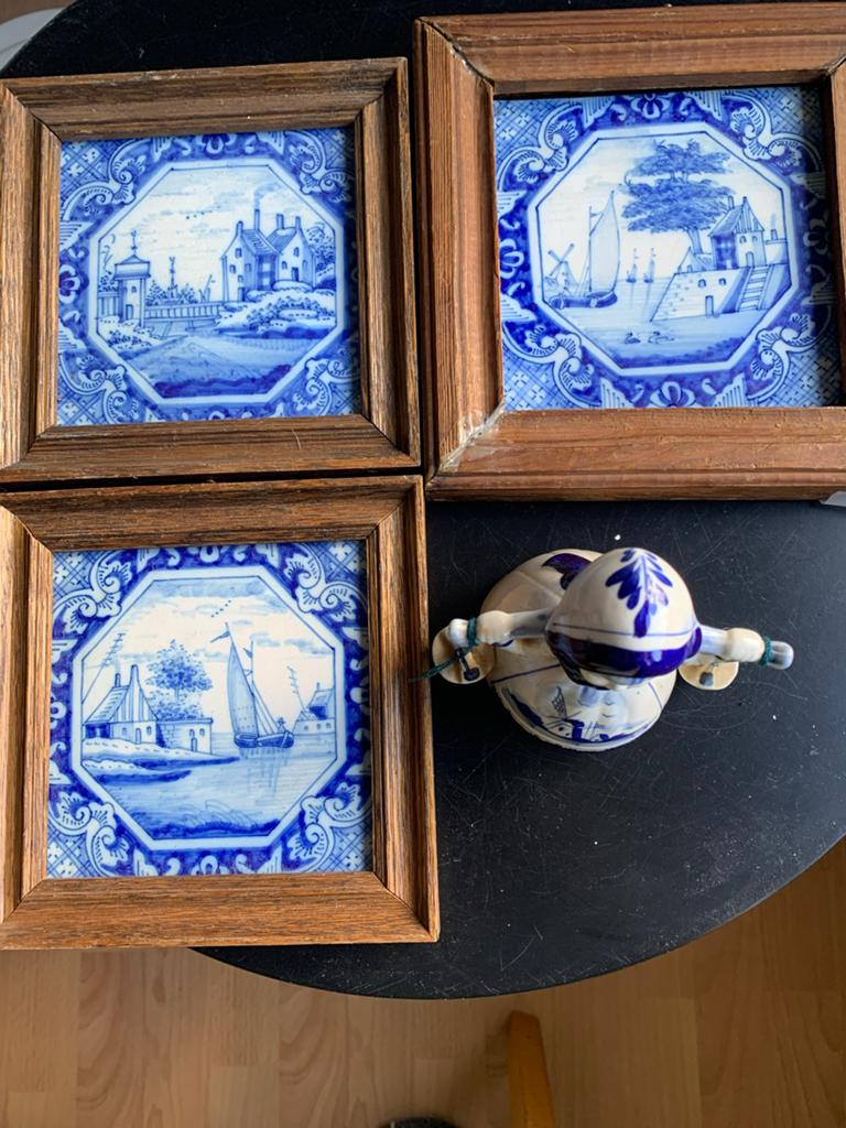 Delfts Blauw: 3 tegeltjes en melkmeisje in goede staat, Ophalen