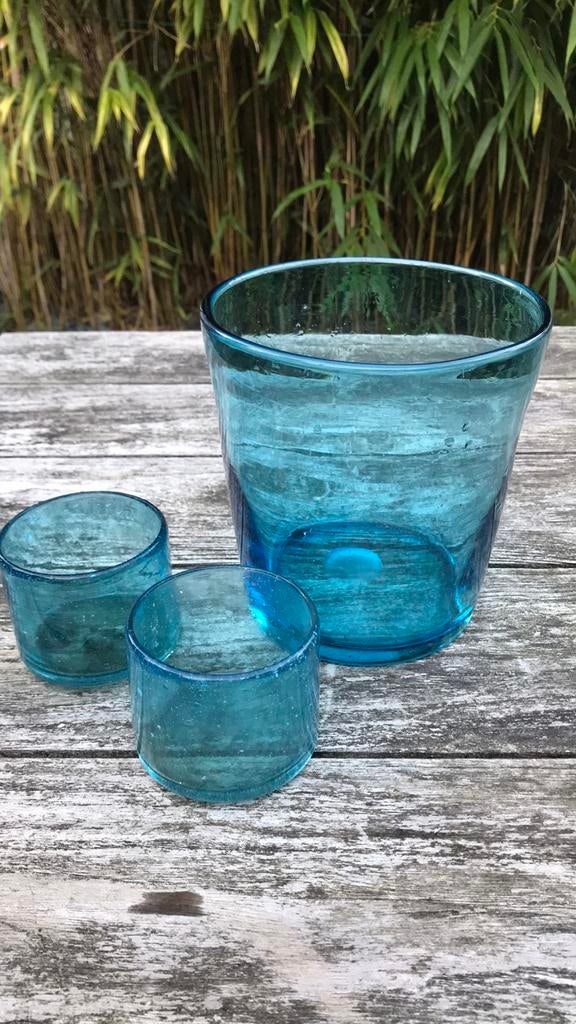 Handgeblazen glazen vaas met 2 waxinelichtjes, Huis en Inrichting, Woonaccessoires | Vazen, Blauw, Ophalen of Verzenden, Minder dan 50 cm