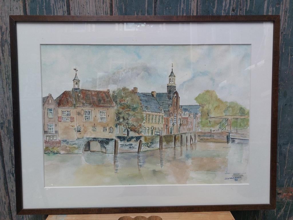 Aquarel Delfshaven Jan Hulswit '80, Antiek en Kunst, Ophalen of Verzenden