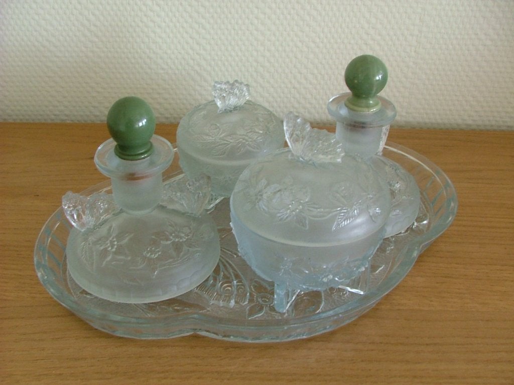 Vintage Art Deco kaptafelset Butterfly Sowerby Glass 1953, Ophalen of Verzenden