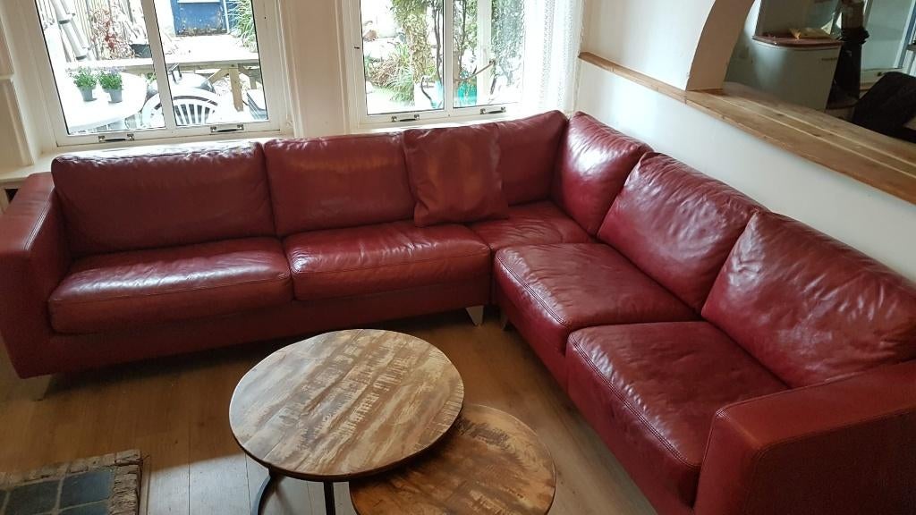 Zeer mooie Machalke designhoekbank in bordeauxrood leer, Ophalen, Gebruikt, Leer, Modern