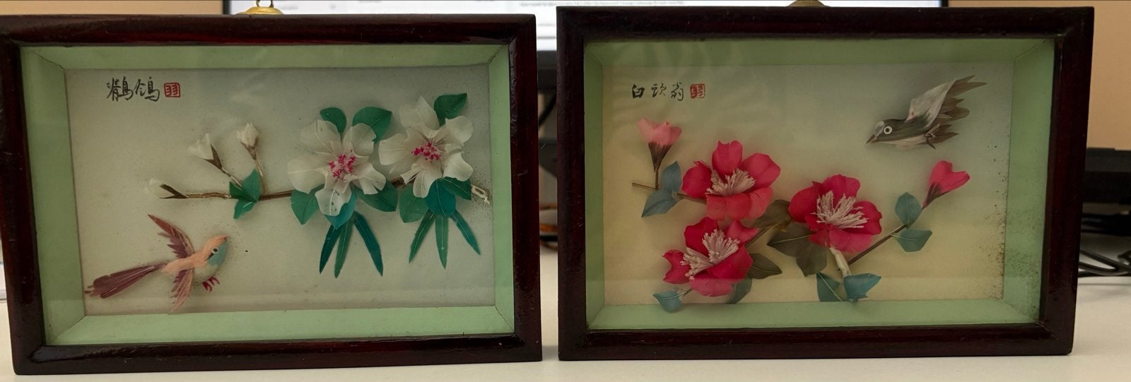 Twee vintage Chinese diorama’s met vogels en bloemen, Wanddecoratie, Natuurlijk materiaal, Handgemaakt, Ophalen of Verzenden