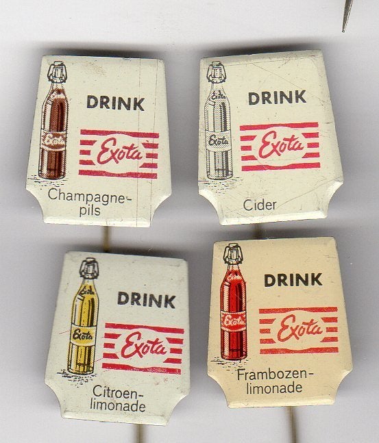 4 EXOTA DRINK speldjes CITROEN FRAMBOZEN (A3) CHAMPAGNE PILS, Verzamelen, Speldjes, Pins en Buttons, Ophalen of Verzenden, Gebruikt