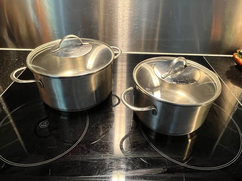 t.k.Gero RVS 2x kookpan+glazen deksel 16cm+18cm INDUCTIE, Ophalen, Zo goed als nieuw, Rvs, Kookpan of Snelkookpan