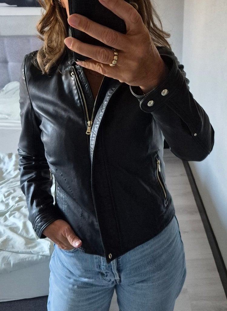 Prachtig stijlvol zwart leren jasje van Massimo Dutti, mt M, Maat 38/40 (M), Massimo Dutti, Zwart, Ophalen of Verzenden