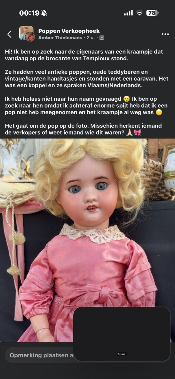 Antieke SFBJ pop met blauwe ogen en roze jurk, Verzamelen, Ophalen, Gebruikt, Pop