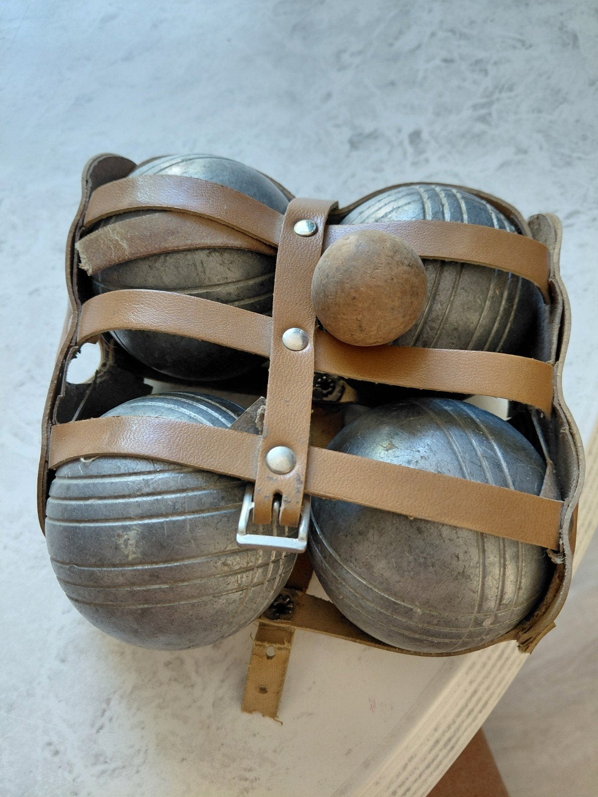 Vintage Petanque Set met Leren Draagriem, Ophalen of Verzenden, Gebruikt
