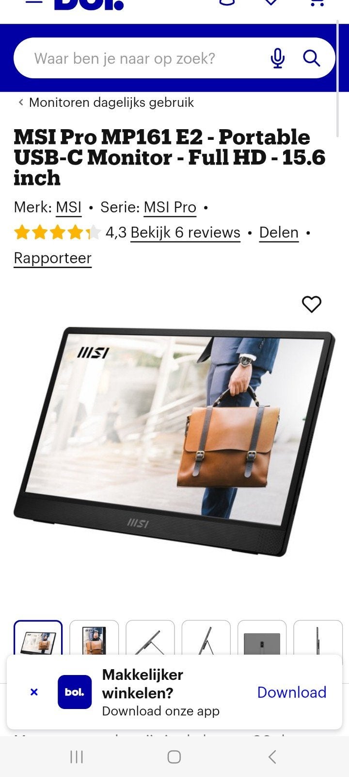 MSI Pro MP161 E2 - Draagbare USB-C Monitor - Full HD, Ophalen, MSI, IPS, Kantelbaar
