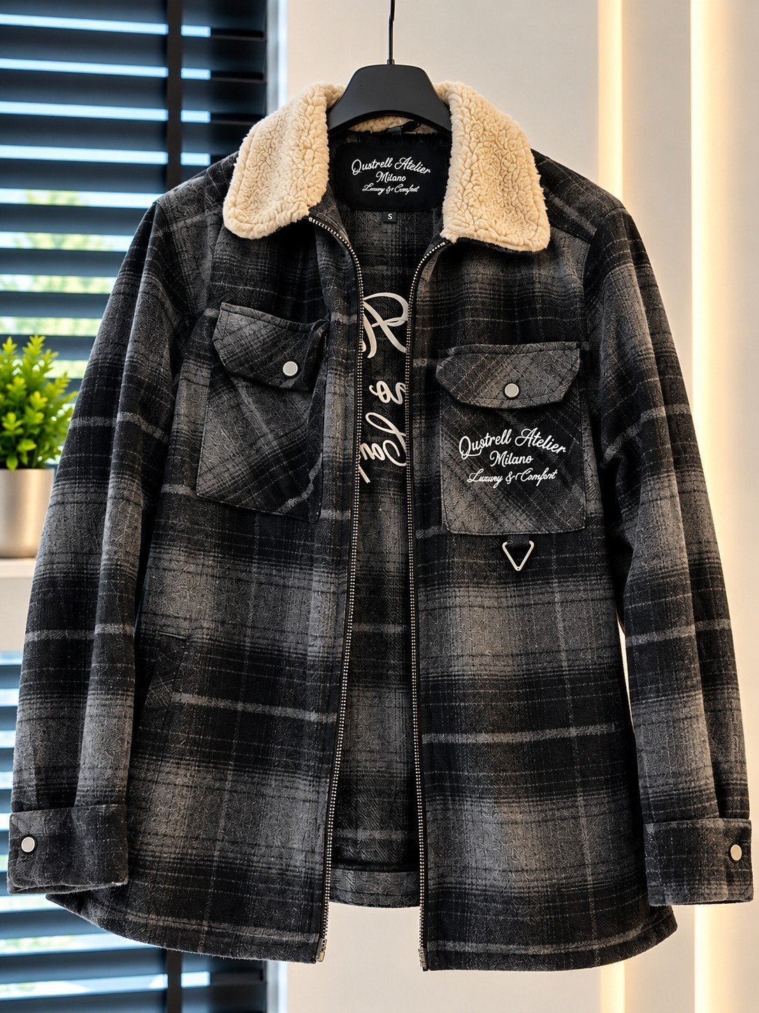 Heren geruit jasje met teddy kraag - Zwart/Grijs, Zwart, Nieuw, Ophalen of Verzenden, Qustrell Atelier Milano