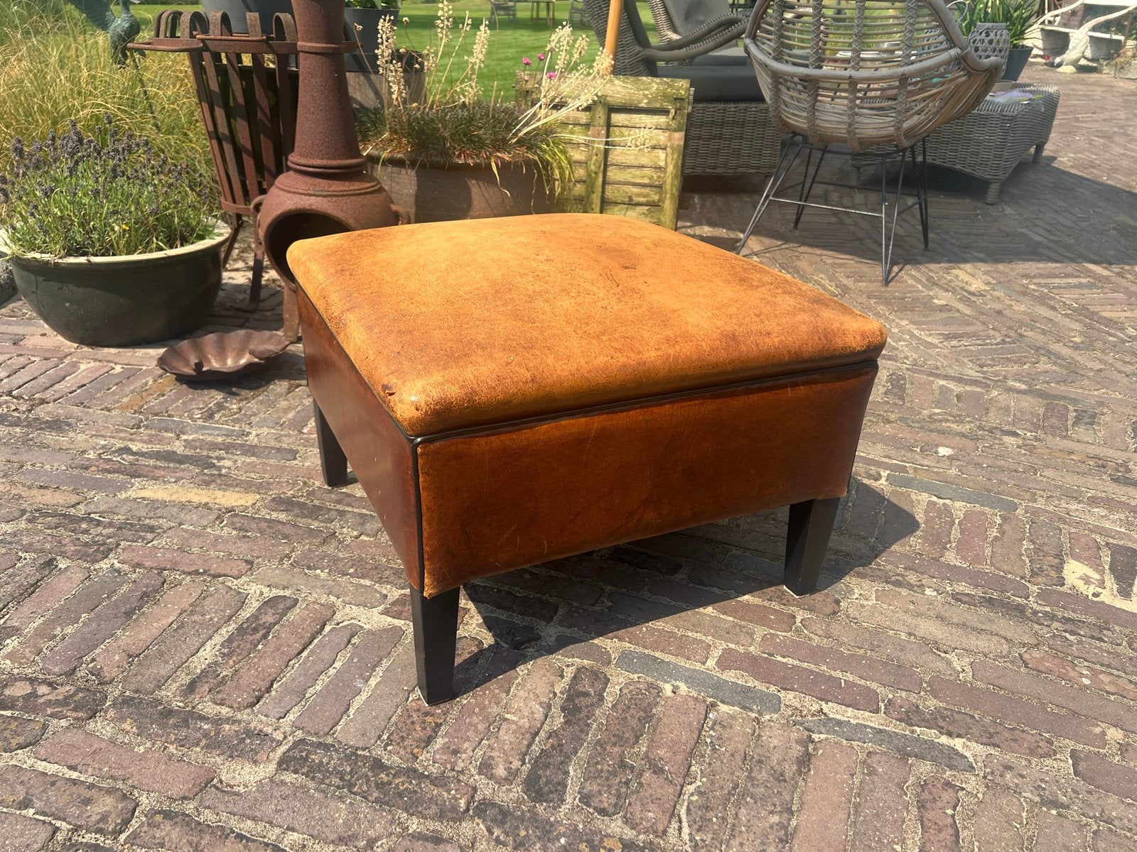 Schapenleren Hocker - Vintage Bruin, Ophalen, Vintage, Gebruikt, Leer