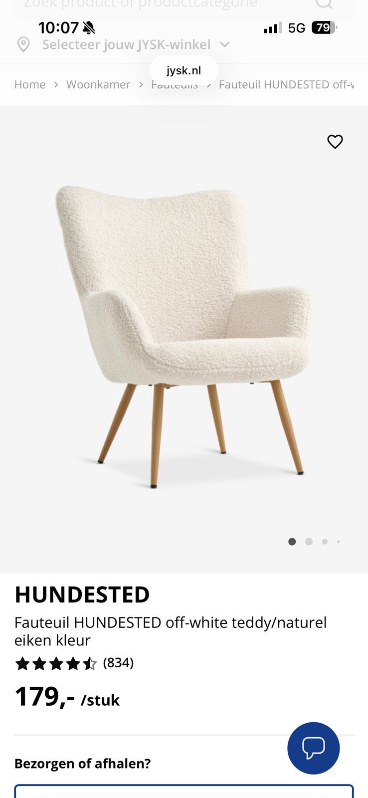 Jysk Hundested fauteuil stoel teddy-zgan, Ophalen, Zo goed als nieuw, Wit, Eén
