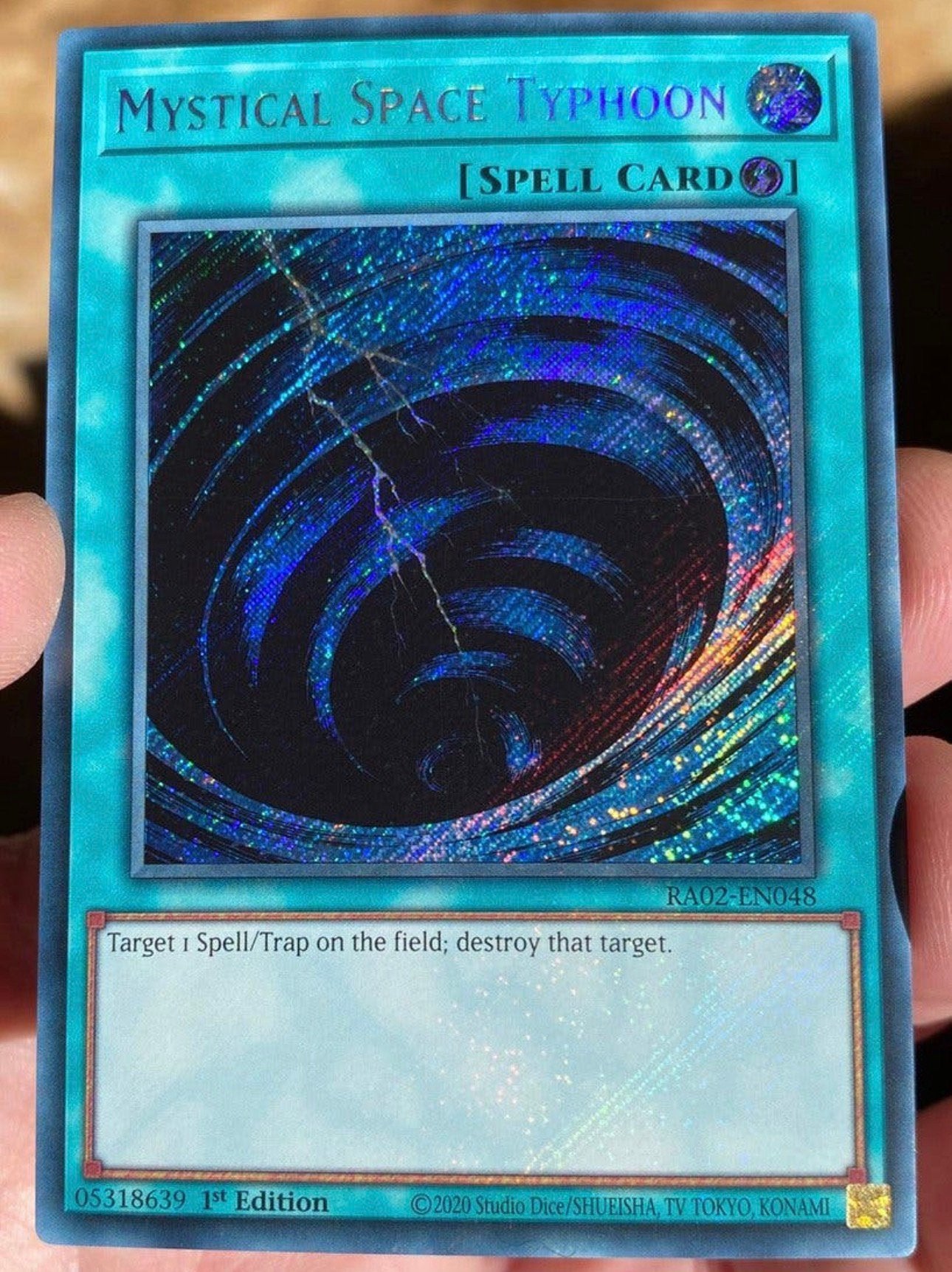 Yu-Gi-Oh! Mystical Space Typhoon RA02 1st Edition !, Ophalen of Verzenden, Zo goed als nieuw, Losse kaart, Foil