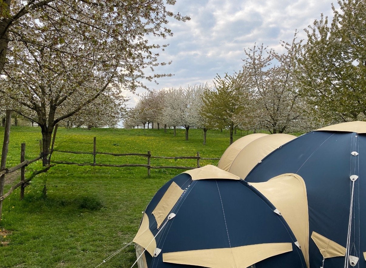 Karsten oppomp tent+koppeltent 325+200 blauw, Caravans en Kamperen, Ophalen, Gebruikt, Tot en met 6
