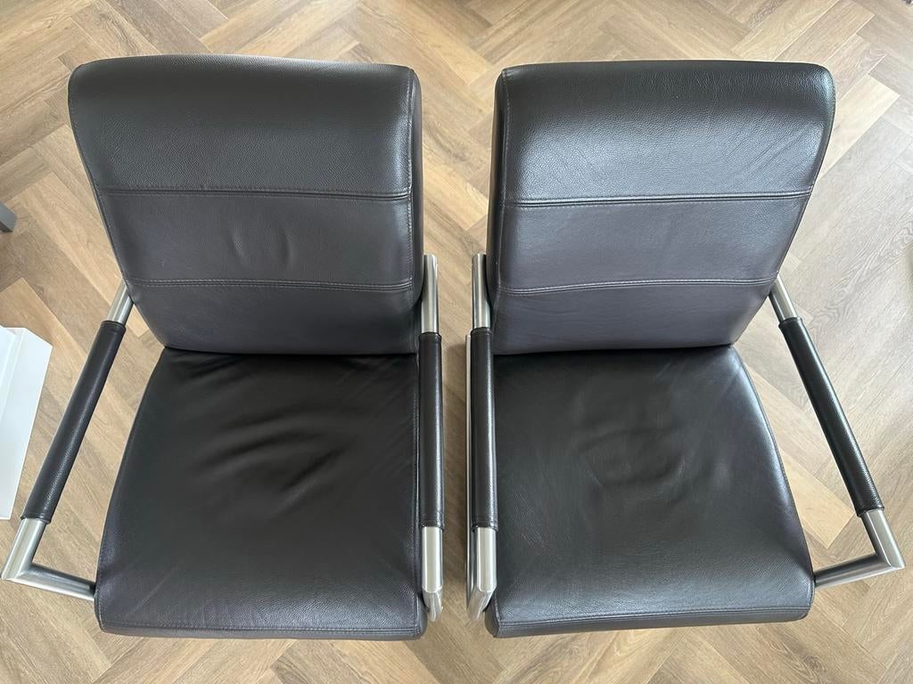2x H&H Leren Fauteuils met RVS Frame, Ophalen, Gebruikt, Modern, 50 tot 75 cm