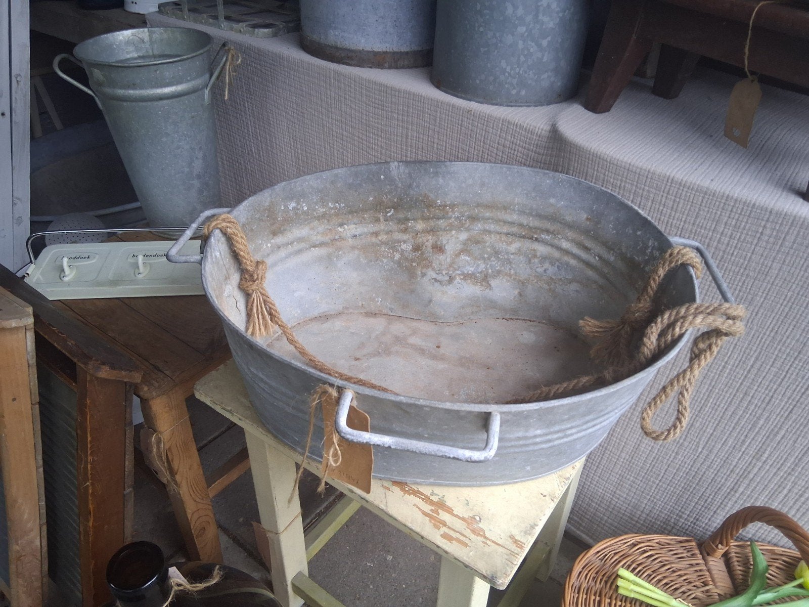 Oude zinken zaaibak, brocante - Debrocantekip, Ophalen of Verzenden
