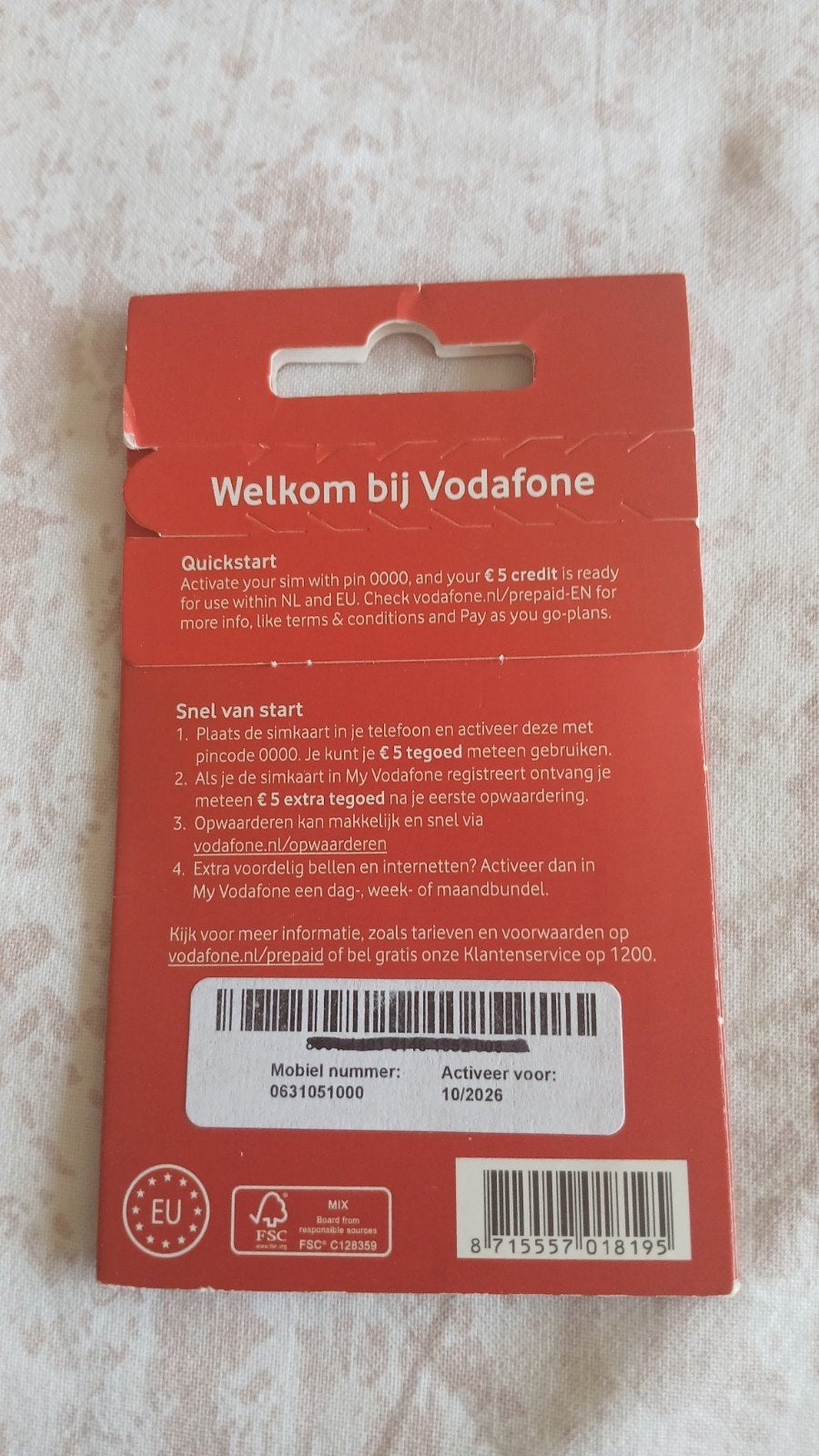 MOOI NUMMER VODAFONE PREPAID 0631051000, Telecommunicatie, Prepaidkaarten en Simkaarten, Ophalen of Verzenden, Nieuw, Vodafone