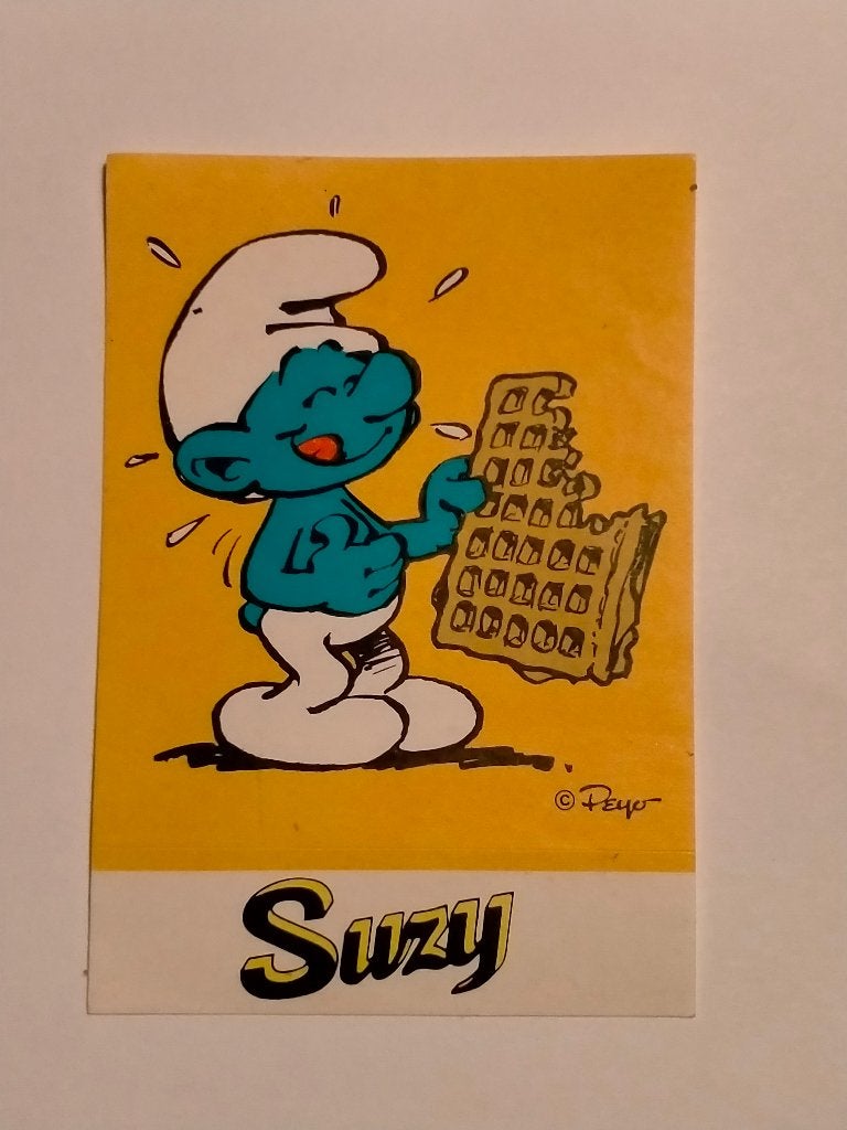 Smurfen smurf wafel eten Peyo Suzy reclame sticker strip, Verzenden, Gebruikt, Overige typen