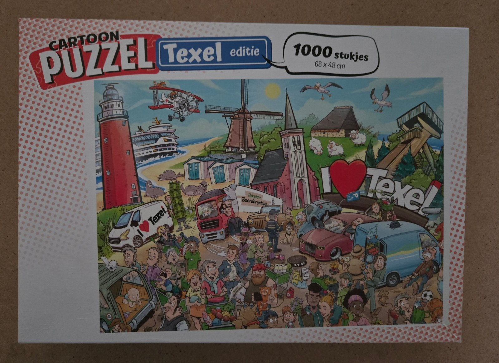 Puzzels texel cartoon en collage zgan compleet 1000 stukjes, Ophalen of Verzenden, 500 t/m 1500 stukjes, Zo goed als nieuw