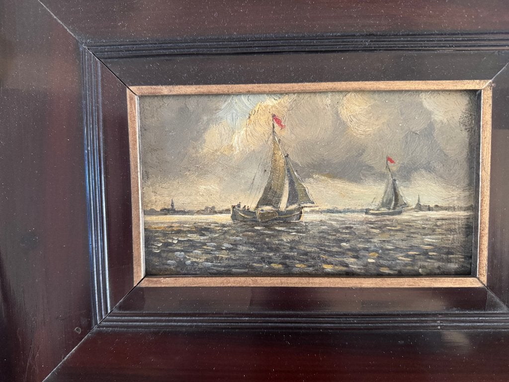 2x antiek schilderij paneel boot Nederland zee landschap voc, Ophalen of Verzenden, Gesigneerd, Olieverf, Maritiem / water