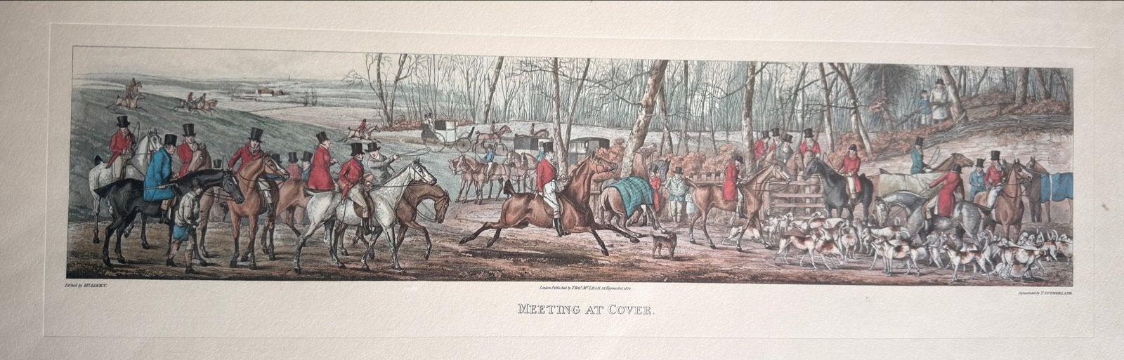 Antieke Aquatint: Jachtscène 'Meeting at Cover' (1824), Antiek en Kunst, Kunst | Etsen en Gravures, Ophalen, Handgekleurd, Dagelijks leven