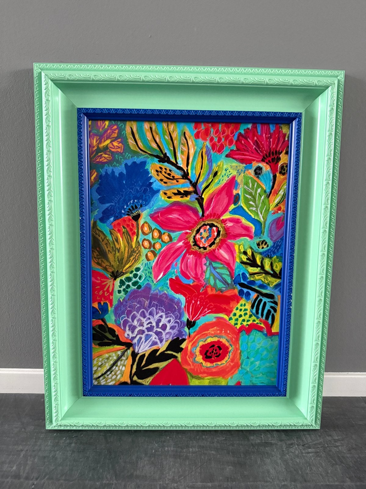 Levendig Bloemen Schilderij - Acryl op Canvas met Lijst, Antiek en Kunst, Kunst | Schilderijen | Modern, Ophalen of Verzenden