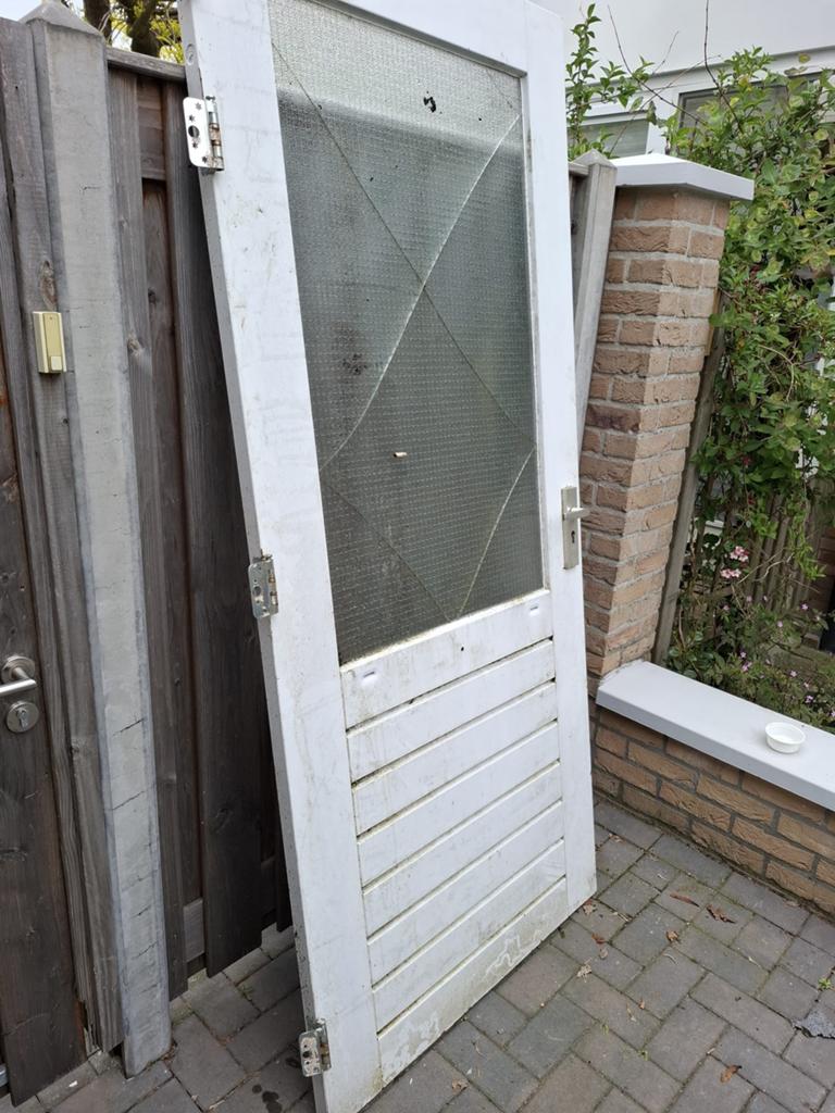 Hardhouten buitendeur, Ophalen, Gebruikt, 200 tot 215 cm, Glas